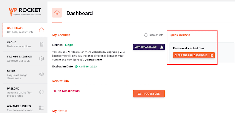 Clearing cache on WooCommerce from the Quick Actions of WP Rocket - Source: WP Rocket